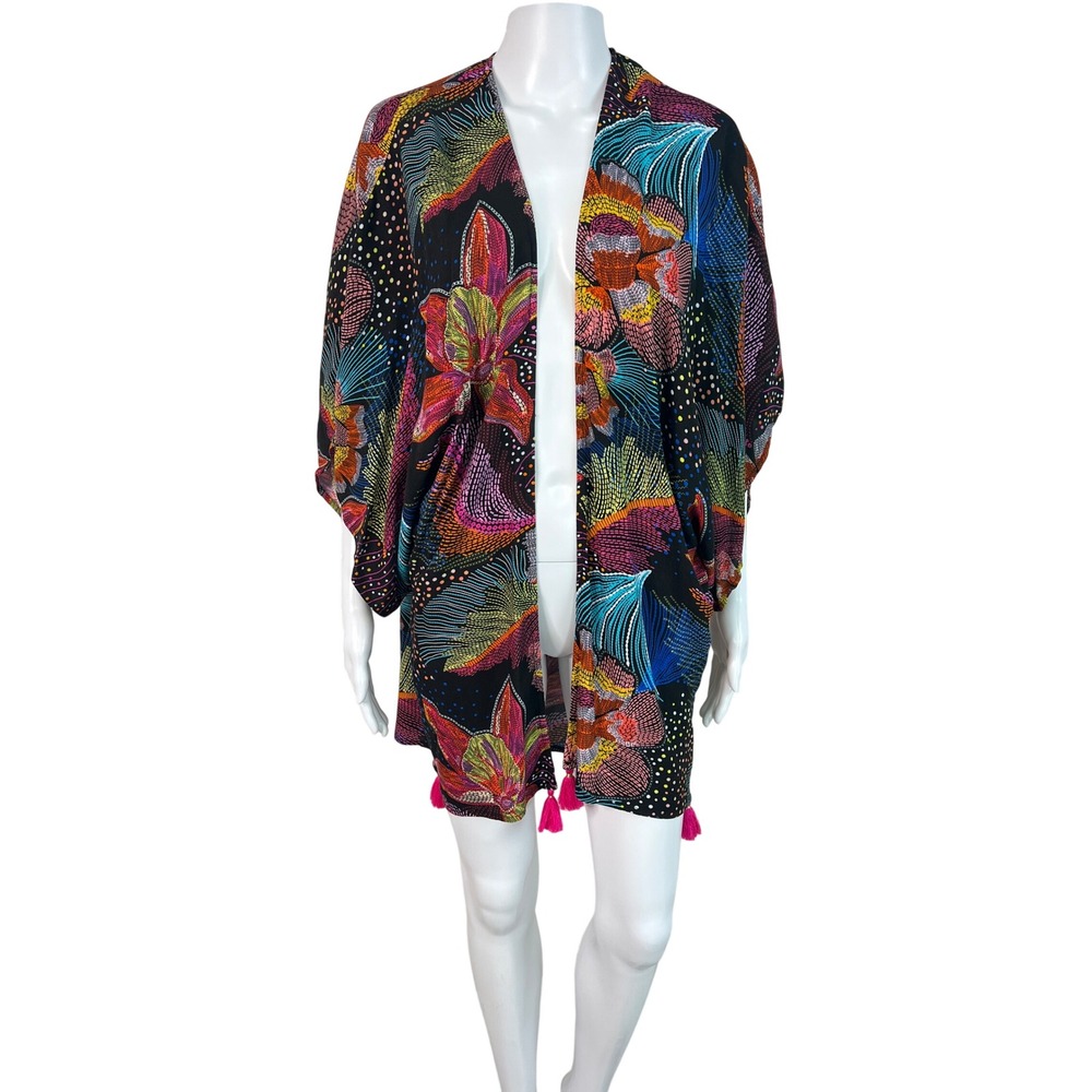La Blanca Tropical Floral Tassel Kimono Swim Coverup Boho Resort One Size